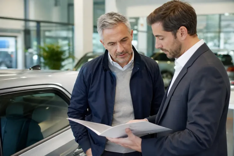 Conseiller automobile et acheteur relisant la garantie d’un véhicule d’occasion en showroom