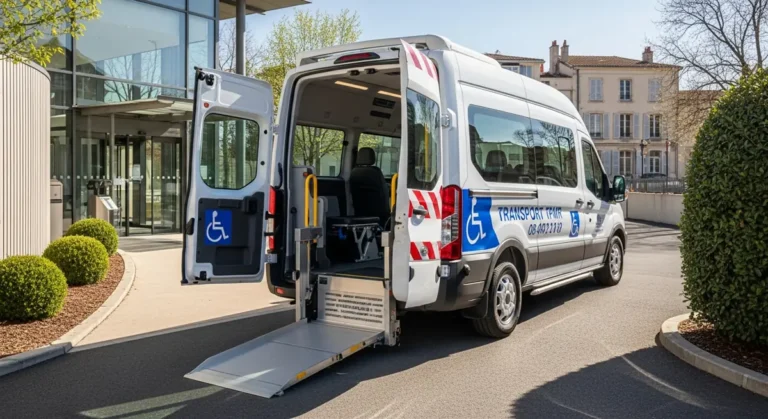 Ford Transit TPMR aménagé pour accès fauteuil roulant, stationné devant un établissement
