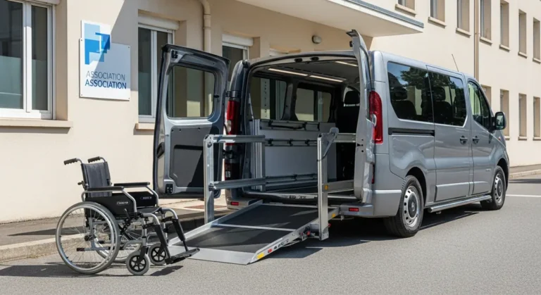 Véhicule TPMR pour association avec accès fauteuil roulant, rampe déployée devant un bâtiment associatif