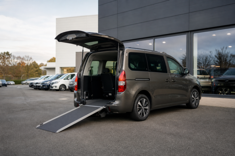 Véhicule TPMR d’occasion devant une concession avec accès fauteuil visible