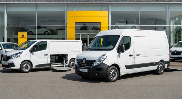 Renault Trafic et Renault Master TPMR côte à côte devant un showroom, comparatif de gabarit et d'accessibilité fauteuil roulant