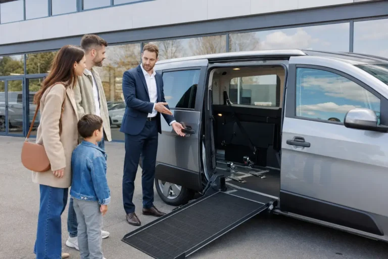 Aménagement véhicule TPMR avec rampe déployée, ancrages visibles et espace intérieur contrôlé avant achat